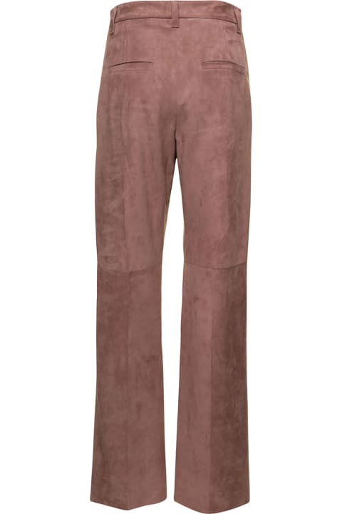 Pink Loose Suede Trousers In Calf Leather Woman