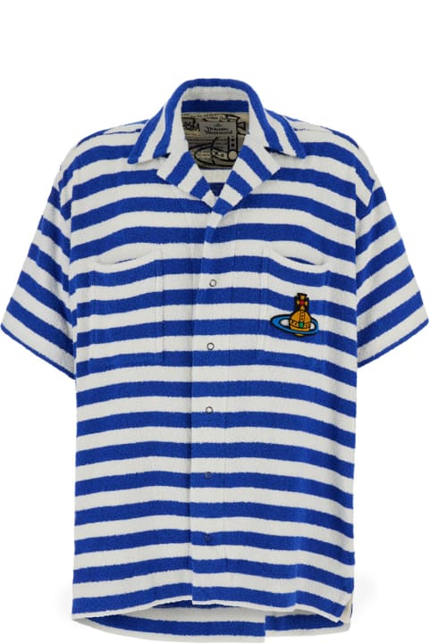 Vivienne Westwood for Men Vivienne Westwood Blue And White Striped Bowling Shirt With Orb Embroidery In Cotton Blend Man