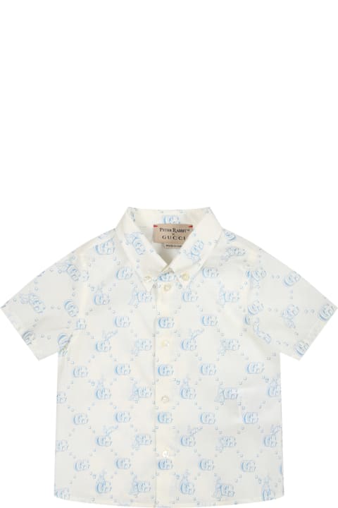 ベビーガールズ Gucciのシャツ Gucci White Shirt For Baby Girl With Light Blue Gg And Rabbit Logo