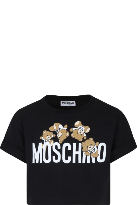Topwear for Girls Moschino Black Crop T-shirt For Girl With Teddy Bears And Logo