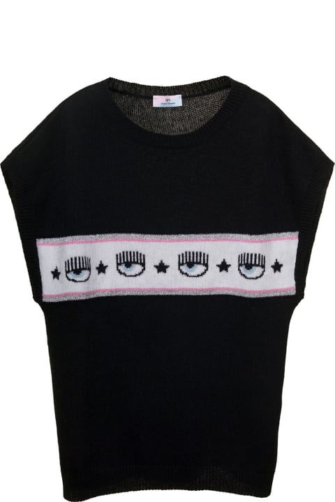 Chiara Ferragni Sweaters & Sweatshirts for Girls Chiara Ferragni Black Sleeveless Gilet With Maxi Logo In Viscose Blend Girl