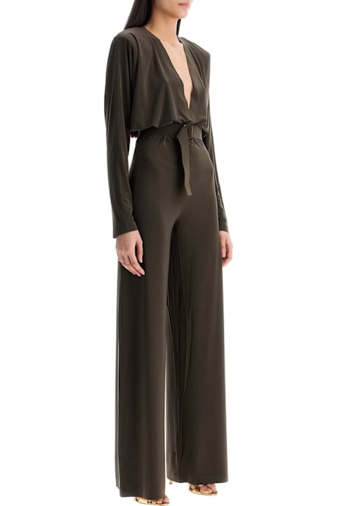 Norma Kamali for Women Norma Kamali Dark Green Long Sleeve V-neck Jumpsuit