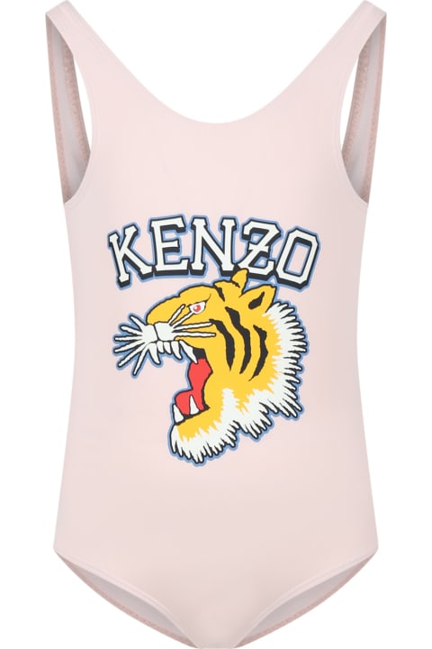 Kenzo Kids Swimwear for Girls Kenzo Kids Pink Swimwuit For Girl With Print And Logo