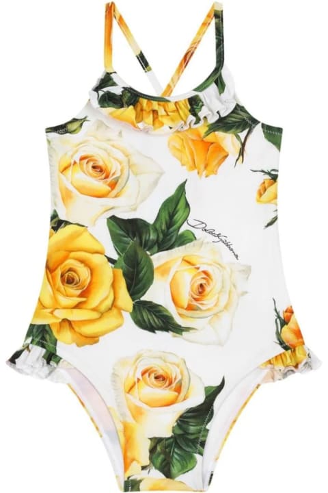 Dolce & Gabbana for Baby Girls Dolce & Gabbana White One-piece Swimwear With Yellow Rose Print