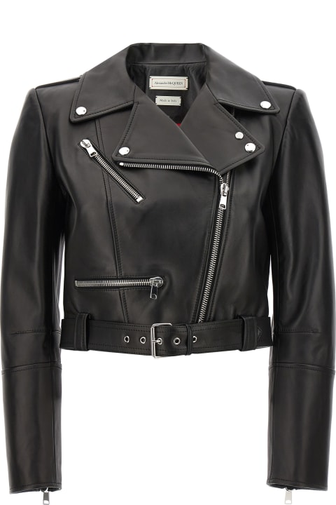 Alexander McQueen Women Alexander McQueen Cropped Biker Jacket With Matching Belt In Smooth Leather