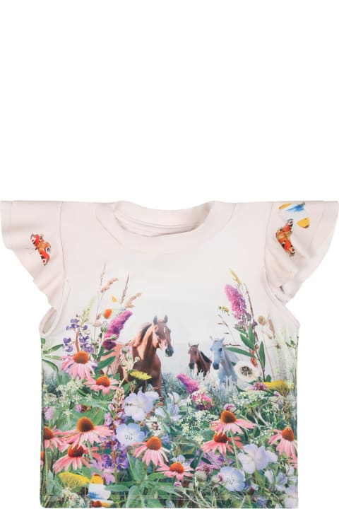 Topwear for Baby Boys Molo Ivory Anti Uv T-shirt For Baby Girl With Horses And Flowers Print