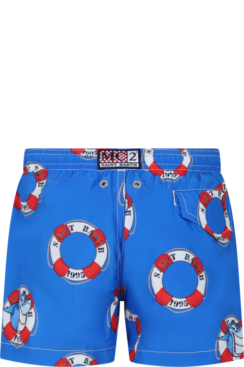 メンズ新着アイテム MC2 Saint Barth Blue Swim Shorts For Boy With Shark Print