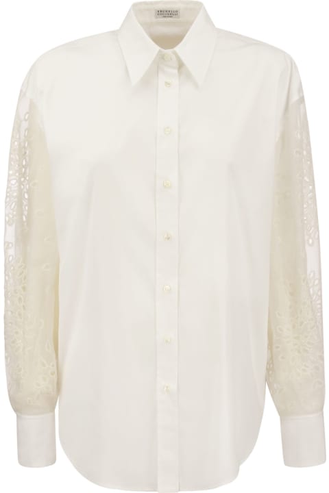 Fashion for Women Brunello Cucinelli Stretch Cotton Poplin Shirt With Crispy Silk Broderie Anglaise Sleeve