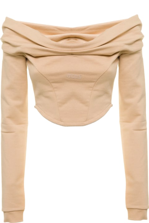 Gcds Woman's Beige Cotton Top With Drop Shoulders And Logo