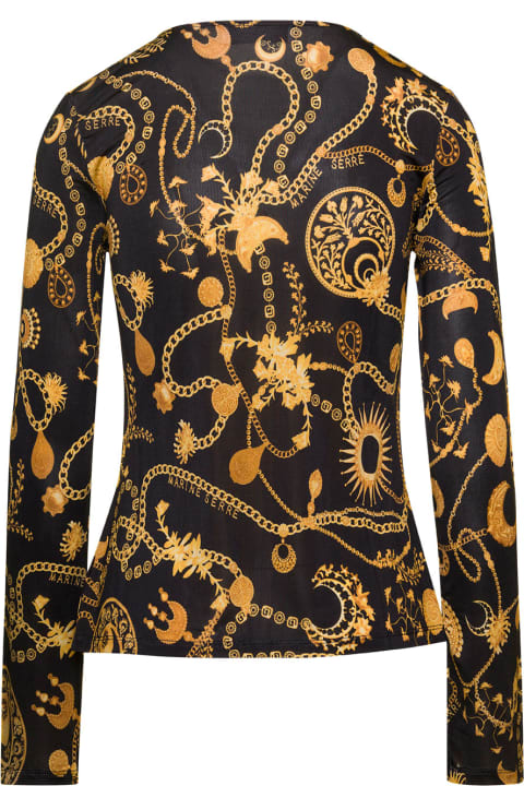 Marine Serre Women Marine Serre Black Blouse With All-over Graphic Print And Gathering Detail In Stretch Viscose Woman