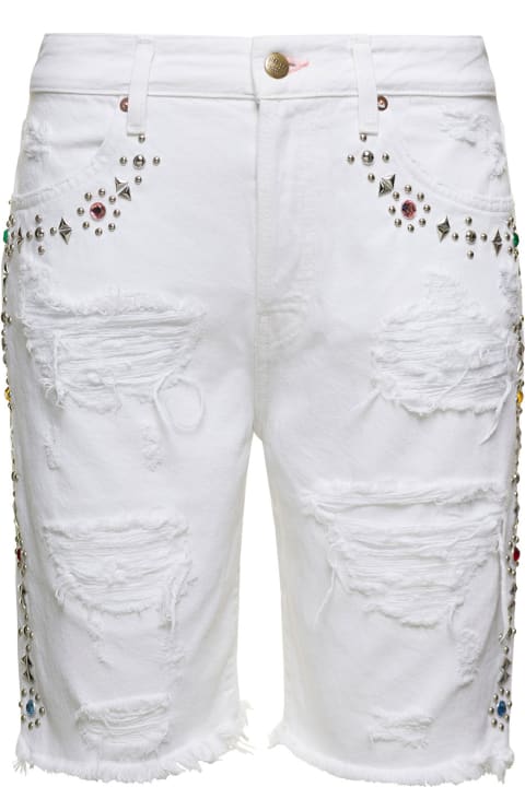 White Denim Shorts Distressed Design With Crystal And Studs Embellishment In Cotton Woman