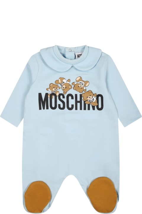 Sale for Baby Boys Moschino Light Blue Playsuit For Baby Boy With Logo And Teddy Bear