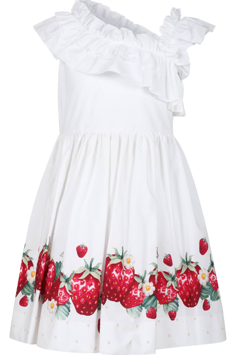 Monnalisa for Kids Monnalisa White Dress For Girl With Strawberry Print