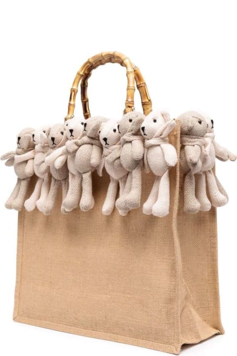 La Milanesa Woman's Beige Jute Handbag With Teddy Bears Details