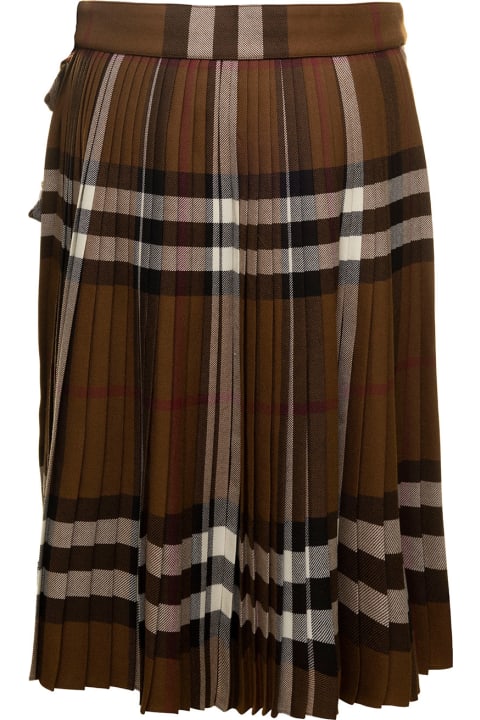 Midi Wrap Skirt With Check Motif Brown Wool Woman Burberry