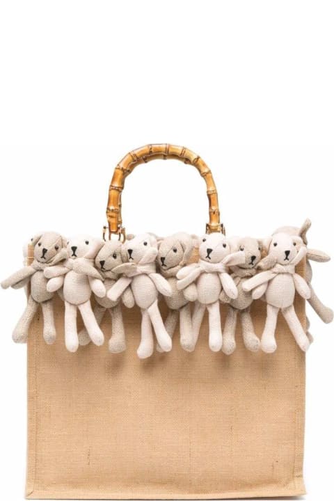 La Milanesa Woman's Beige Jute Handbag With Teddy Bears Details