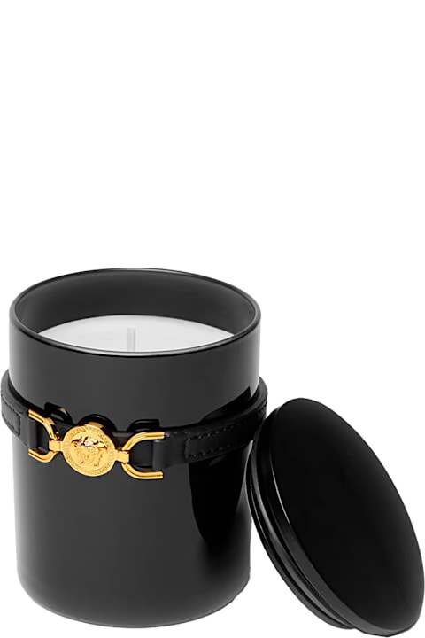  Versaceالمنسوجات وأقمشة الكتان Versace 'medusa 95' Black Candle With Wood Lid And Removable Leather Strap In Wood And Glass Home