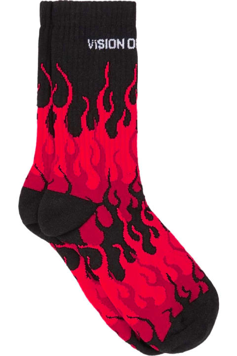 Clothing Sale for Men Vision of Super Black Socks With Triple Red Flame