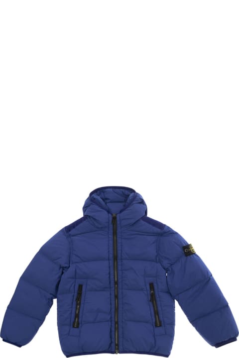 Stone Island for Boys Stone Island Blue Hooded Down Jacket With Logo Patch In Polyamide Boy