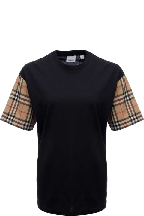 Black Cotton T-shirt With Vintage Check Sleeves
