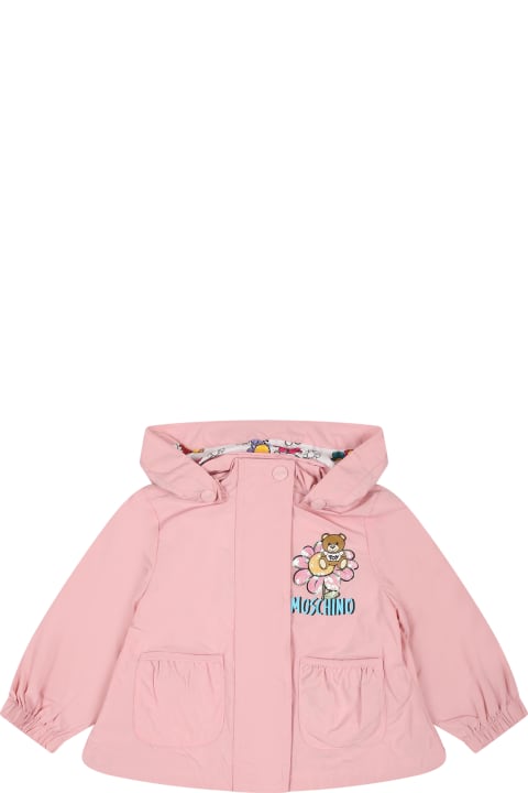 Fashion for Baby Girls Moschino Pink Raincoat For Baby Girl With Teddy Bear And Logo