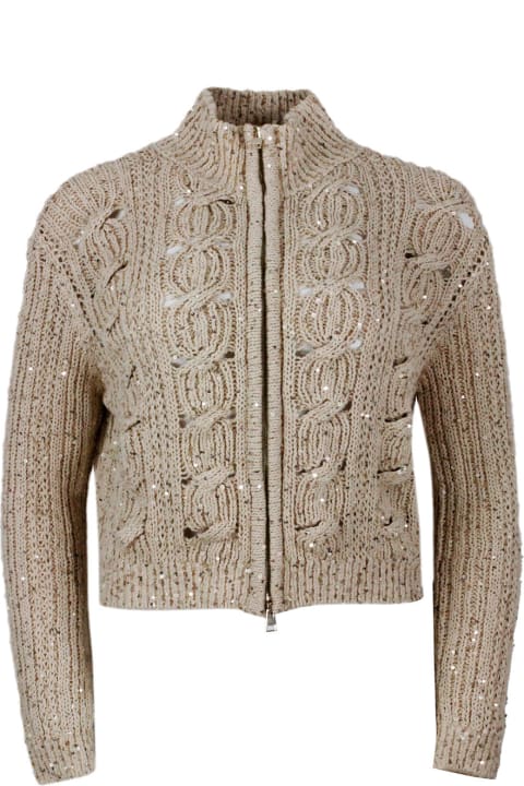 Lorena Antoniazzi Sweaters for Women Lorena Antoniazzi Long-sleeved Full-zip Cardigan Sweater In Cotton Thread With Braided Work Embellished With Applied Microsequins