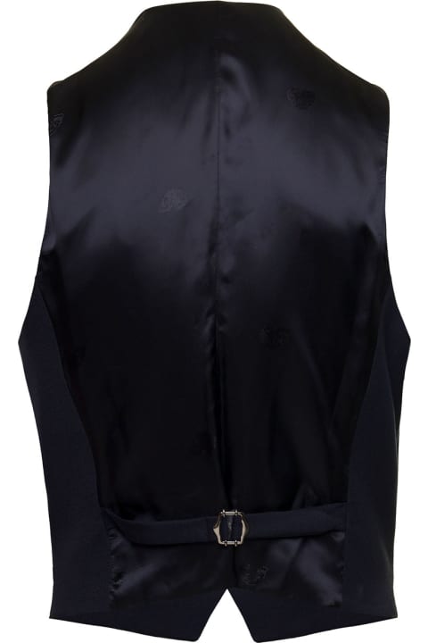 Three Front Pockets Blue Vest In Stretchy Wool Man Gabriele Pasini