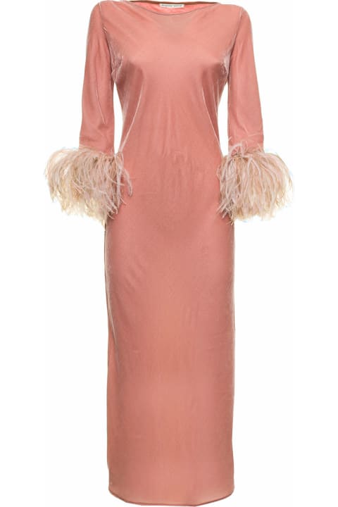 Powder Pink Dress In Velor With Feathers On The Sleeve Bottom Stephan Janson Woman
