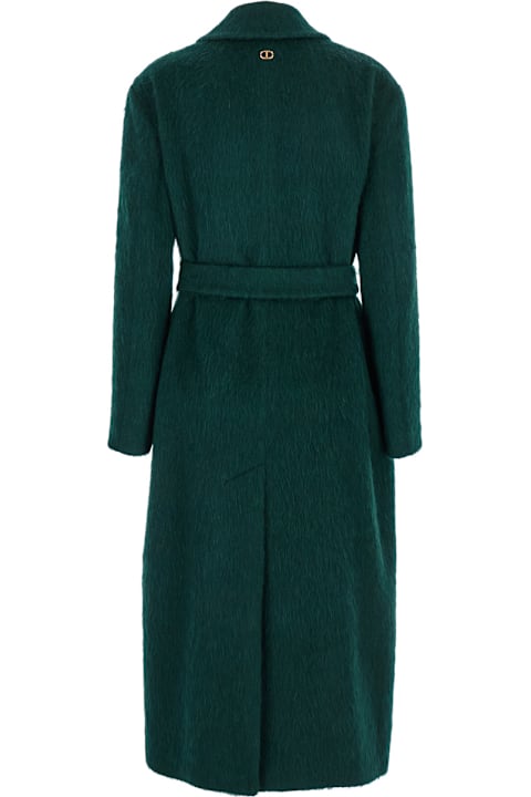 TwinSet for Kids TwinSet Green Double-breasted Coat With Notched Revers And Belt On The Front In Wool Blend Woman