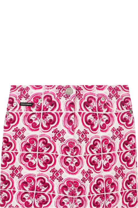 Dolce & Gabbana Bottoms for Girls Dolce & Gabbana 5 Pocket Denim Mini Skirt With Fuchsia Majolica Print