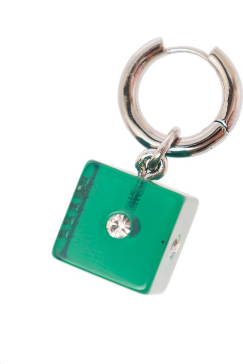Hoop Earring With Dice-shaped Charm In Green Transaprent Resin Woman