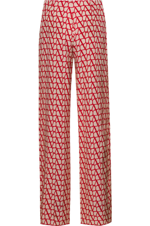 Red And Beige Straight Pants With All-over Vlogo Monogram Print In Silk Woman