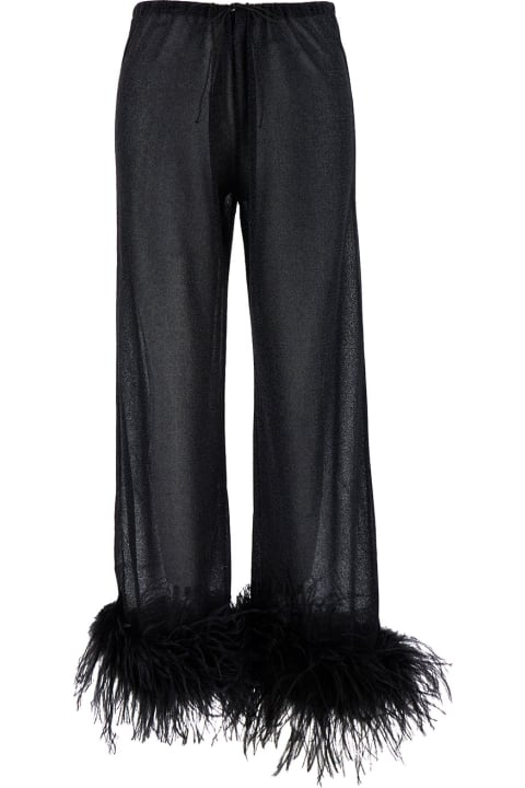 Oseree for Women Oseree 'lumière Plumage' Black Pants With Feathers And Drawstring In Polyamide Blend Woman