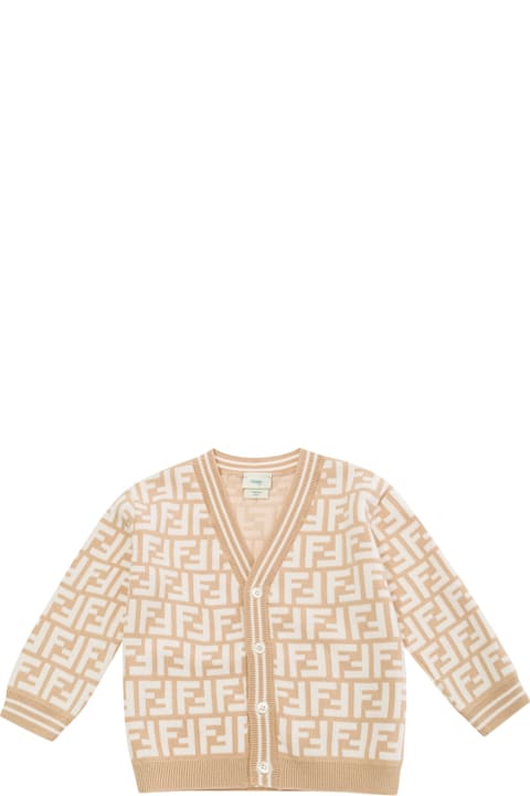 Sale for Kids Fendi Beige And White Cardigan With Ff Jacquard Motif In Cotton Piquet Baby