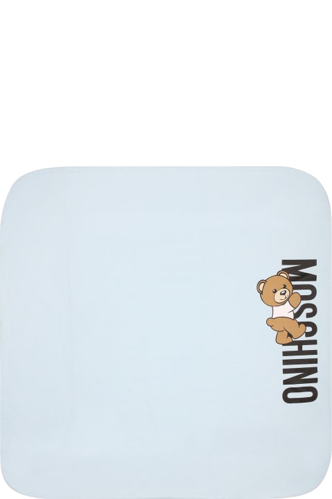 Sale for Baby Girls Moschino Light Blue Blanket For Baby Boy With Teddy Bear And Logo
