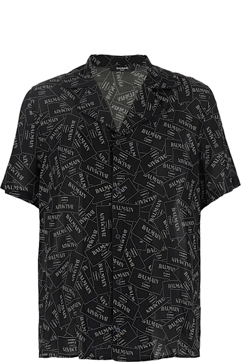 Balmain Shirts for Men Balmain Black Shirt With Notched Collar And All-over Logo Print In Viscose Man