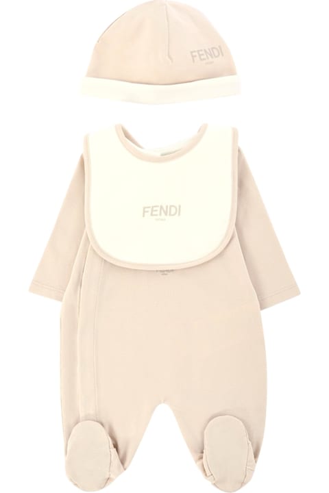Homeware Fendi Beige Babygrow Set For Babykids With Teddy Bear
