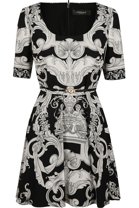 Baroque Print Belted Short Dress