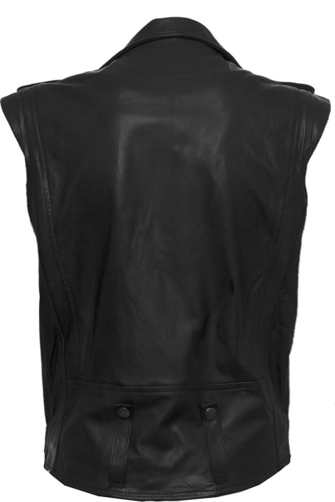 Sleeveless Black Leather Vest With Zip And Pockets