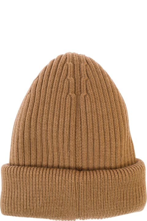 Hats for Men Moncler Grenoble Beige Beanie With Logo Embroidery In Wool Man