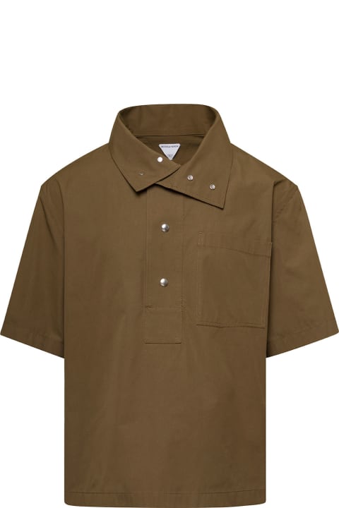 Dark Green Short Sleeve Shirt With Asymmetric Collar In Cotton Blend Man