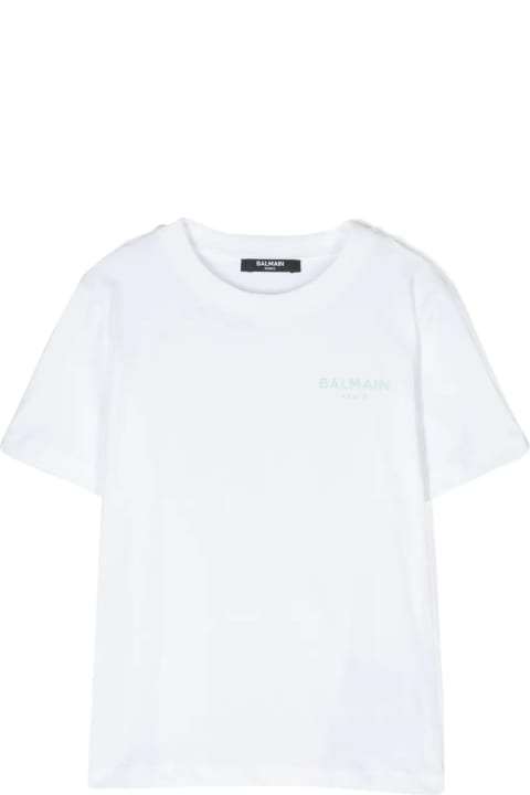 Balmain for Kids Balmain White T-shirt With Light Green Logo On Chest