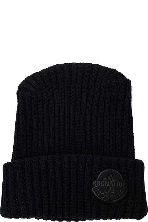 Fashion for Men Moncler Genius Black Ribbed Beaniw With Moncler X Roc Nation By Jay-z Patch In Carded Wool Man