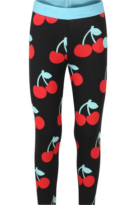 GCDS Mini Bottoms for Girls GCDS Mini Black Leggings For Girl With Cherries