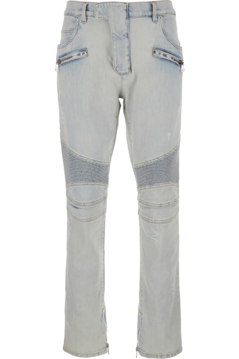 ウィメンズ Balmainのデニム Balmain Light Blue Skinny Jeans With Logo Patch And Ribbed Knees In Stretch Cotton Denim Woman