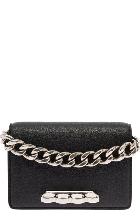 Mini Four Ring Black Hammered Leather Crossbody Bag Woman