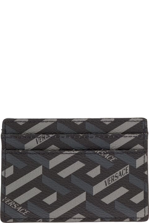 Gray And Black Cardholder In Leather With  Allover Greek Signatur Pattern Print Versace Man