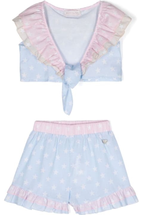 ガールズ Monnalisaの水着 Monnalisa Light Blue And Pink Two Piece Swimsuit With Star Print In Cotton Girl