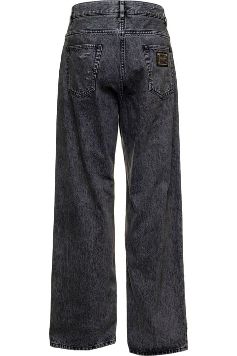 Dolce & Gabbana Man's Oversize Grey Denim Jeans With Ripped Details