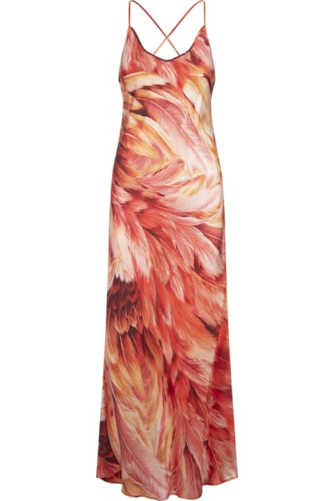 Roberto Cavalli for Women Roberto Cavalli Long Dress With Straps And Plumage Print In Orange